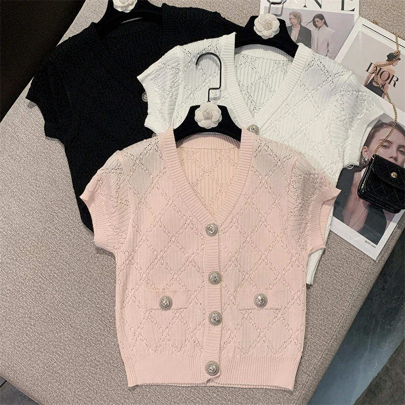 

High Quality Women Summer New Fashion Sweet Hollow Diamond Knit Cardigan Top