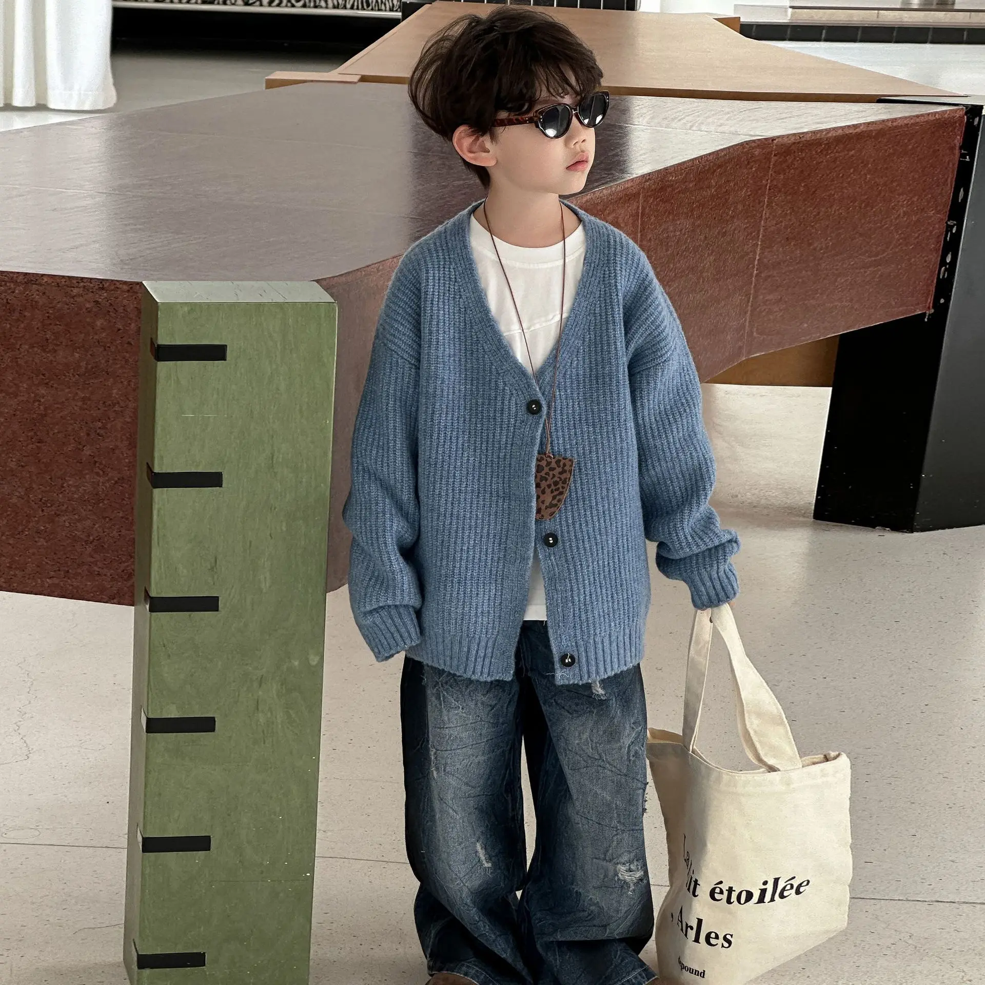 

Childrens Outerwear Spring Autumn Korean Knitted Cardigan Casual Daily Fashion Western Style Solid Color Simple and Versatile