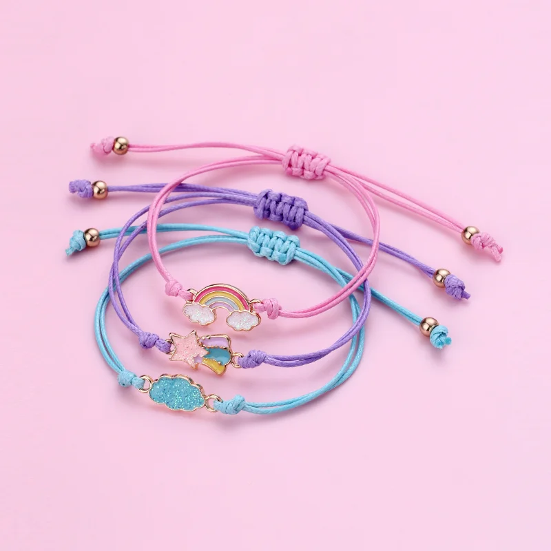 Luoluo&baby 3Pcs/Set Cartoon Cloud Rainbow Meteor Best Friends Charms Bracelet Adjustable Chain Bracelets for Girls Kids Jewelry