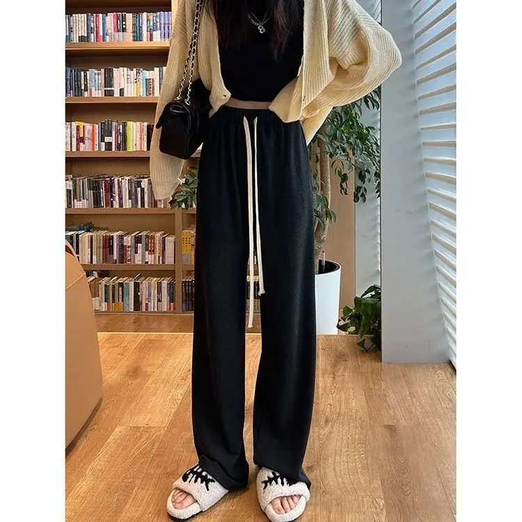 

High Waist Wide Leg Pants Women's Black Grey Casual Straight Leg Pants Drapey Rice Noodle Pants Commute Style Korean Version