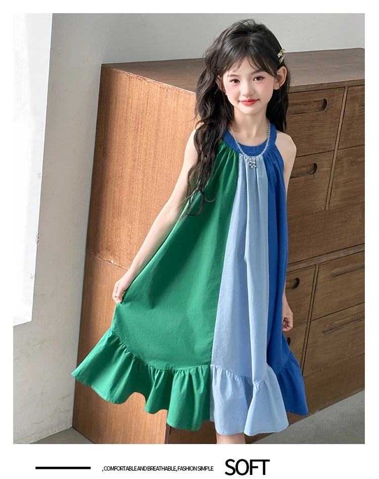 Mädchenkleid mit süßem Farbblock-Design für Sommerkostüme, Baumwolle, hohe Qualität, Kinderkleidung für Alter 7 8 9 10 12 14 Jahre – Detail 2