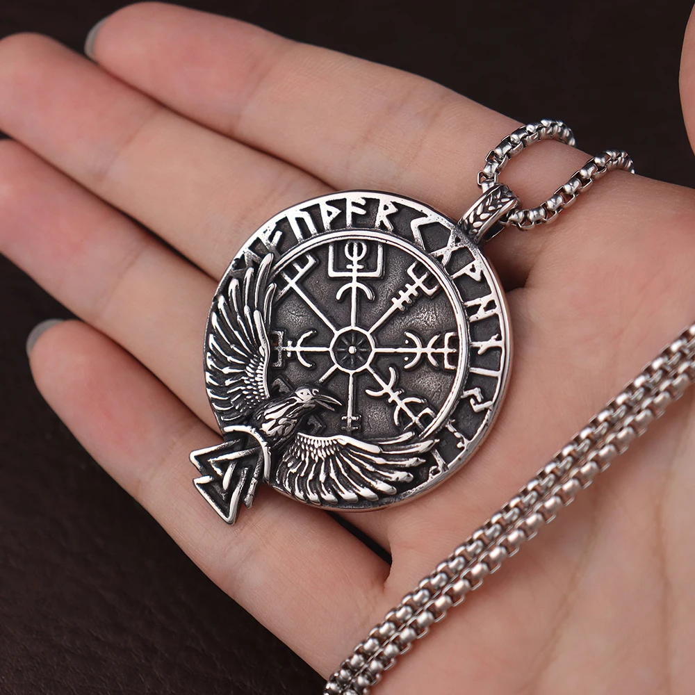 Stainless Steel Viking Crow Men's Necklace Vintage Scandinavian Compass Pendant Fashion Nordic Odin Amulet Jewelry Dropshipping