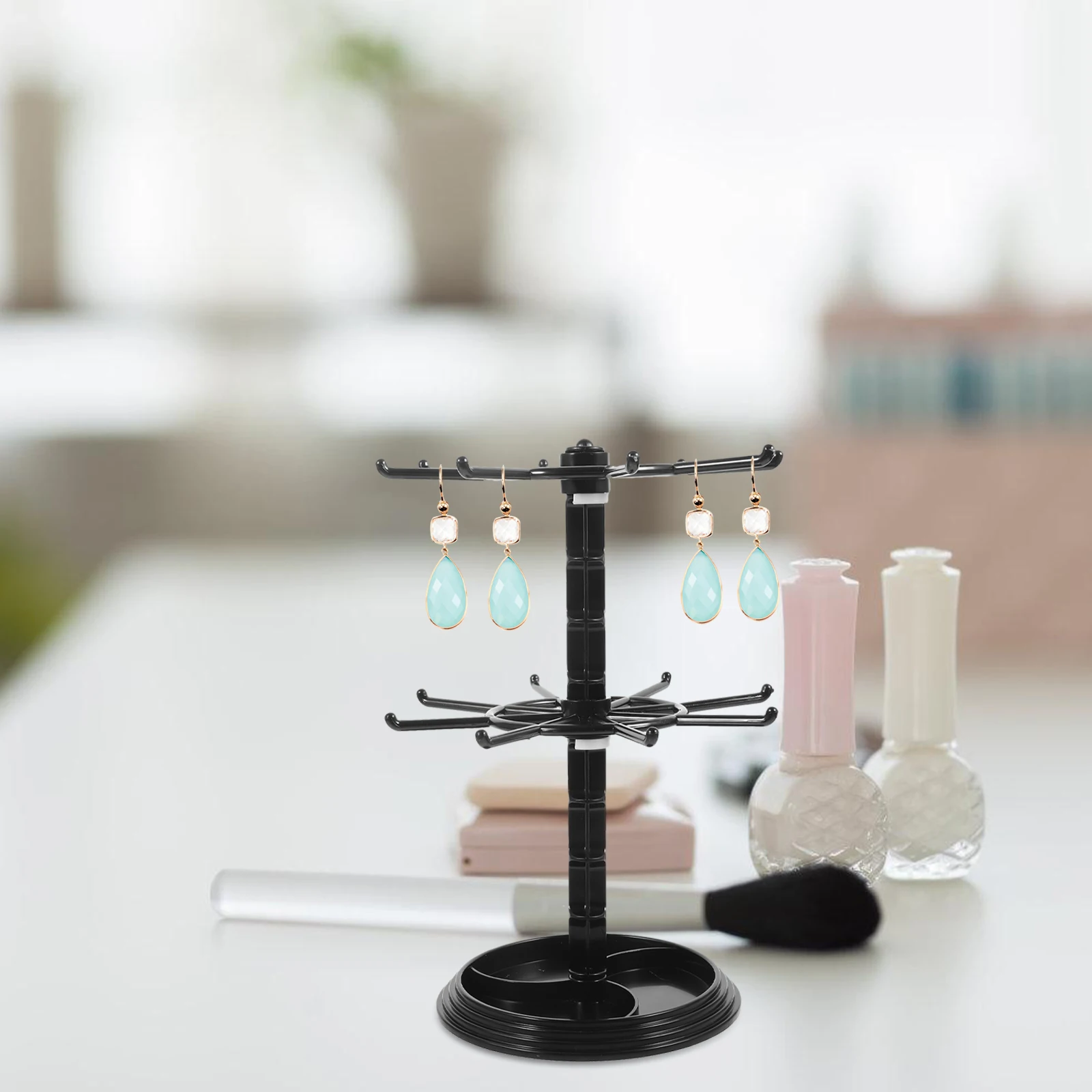 

Hanger Storage Rack Necklace Keychain Display 2 Layers Rotating Jewelry Stand Accessories ganizer Black Plastic Desktop