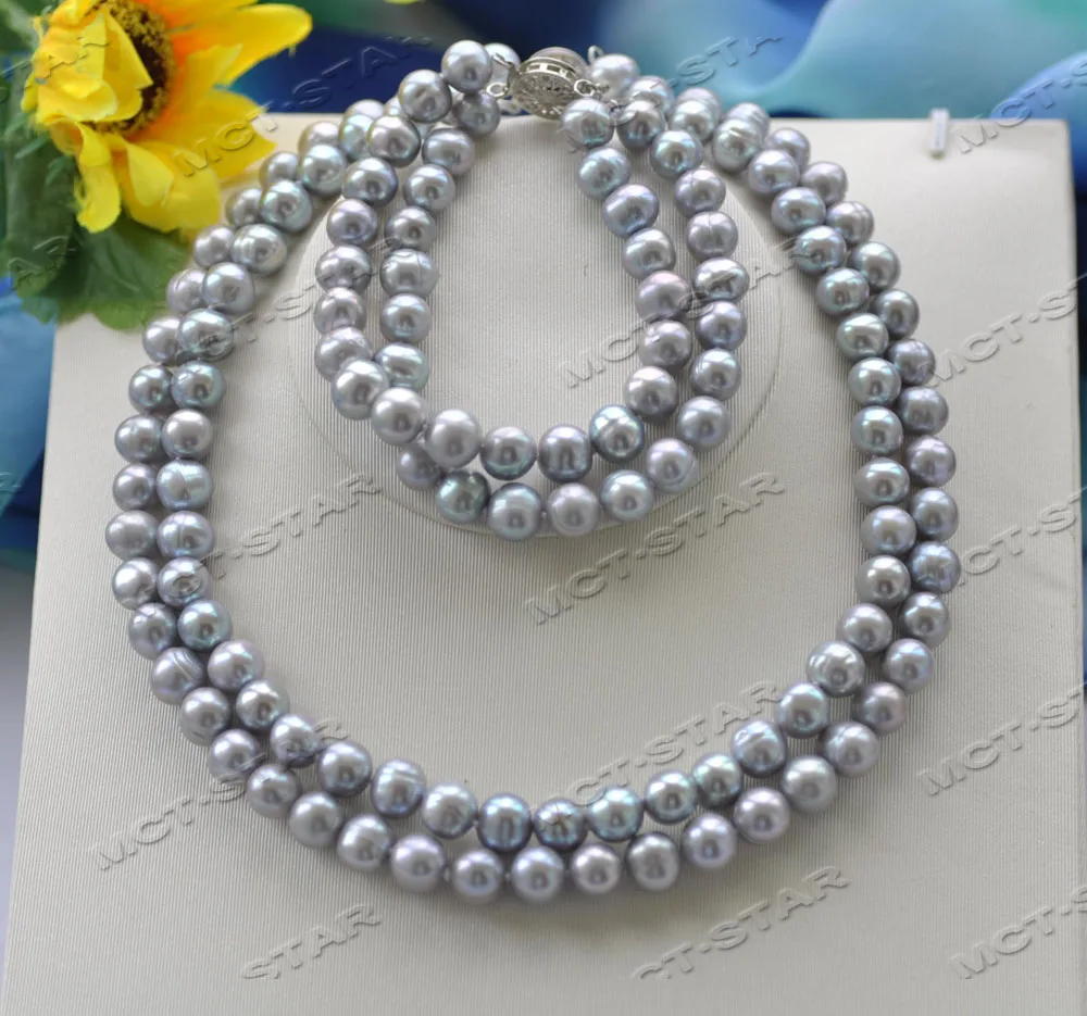 

Z12162 Set 2Row 10mm Gray Round Freshwater Pearl Necklace Bracelet