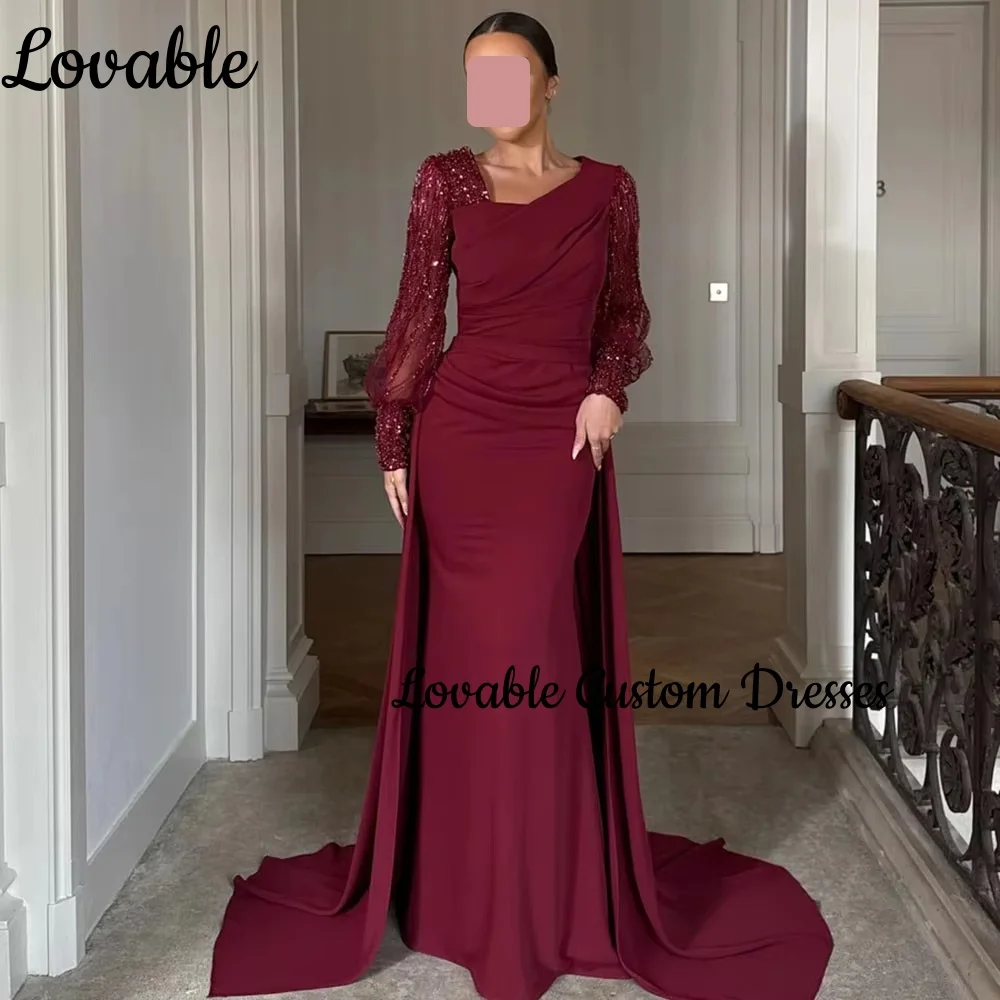 فستان سهرة نسائي A-lijn met vierkante halslijn, vloerlengte, ruches, formele gelegenheidsjurken, ritssluiting, lange mouwen, bruiloft