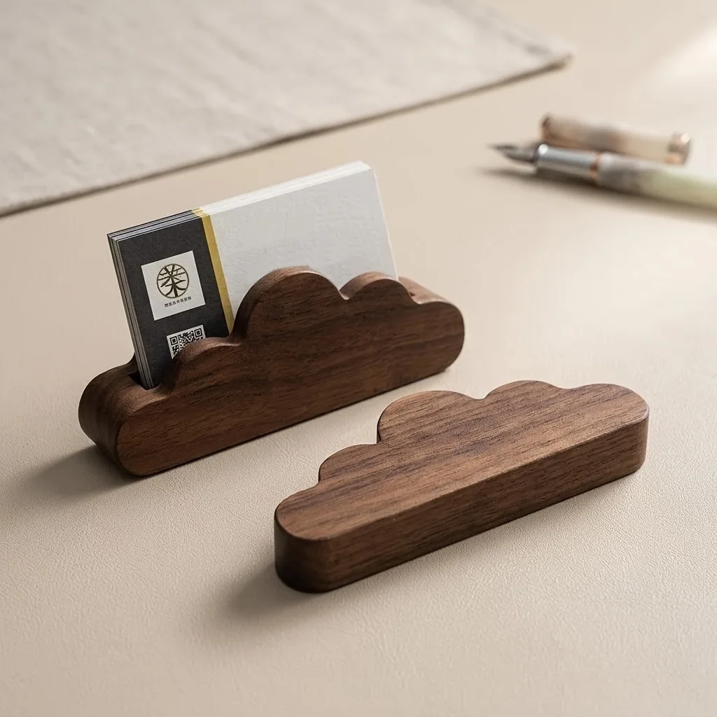 Black Walnut Wood Cloud Business Card Holder, Creative Solid Wood Desktop Business Card Organizer