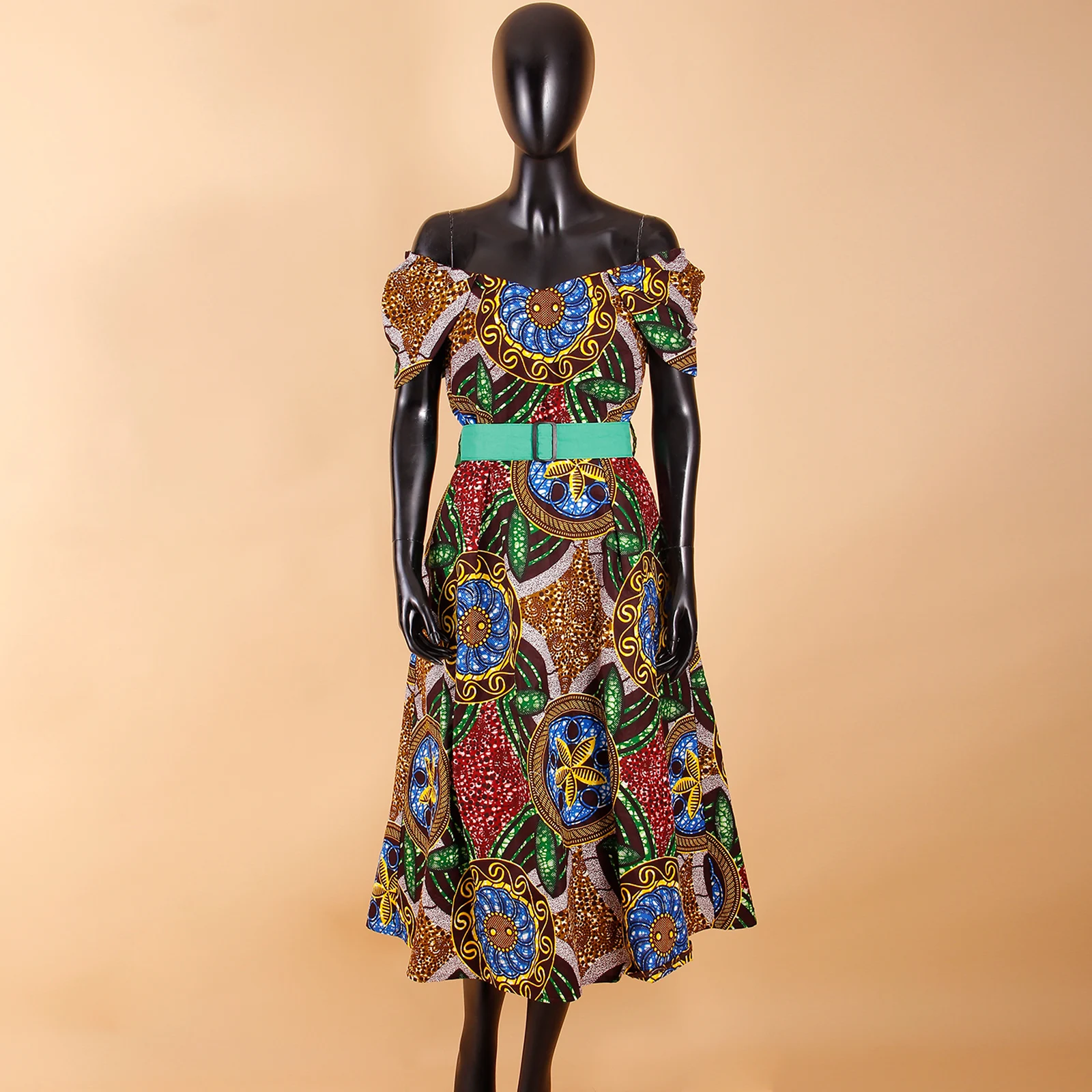 Afripride Ankara Dresses for Women African Clothing Ruffle Shoulder Mid-Calf Length  Casual Dress Tailor Made A2225019