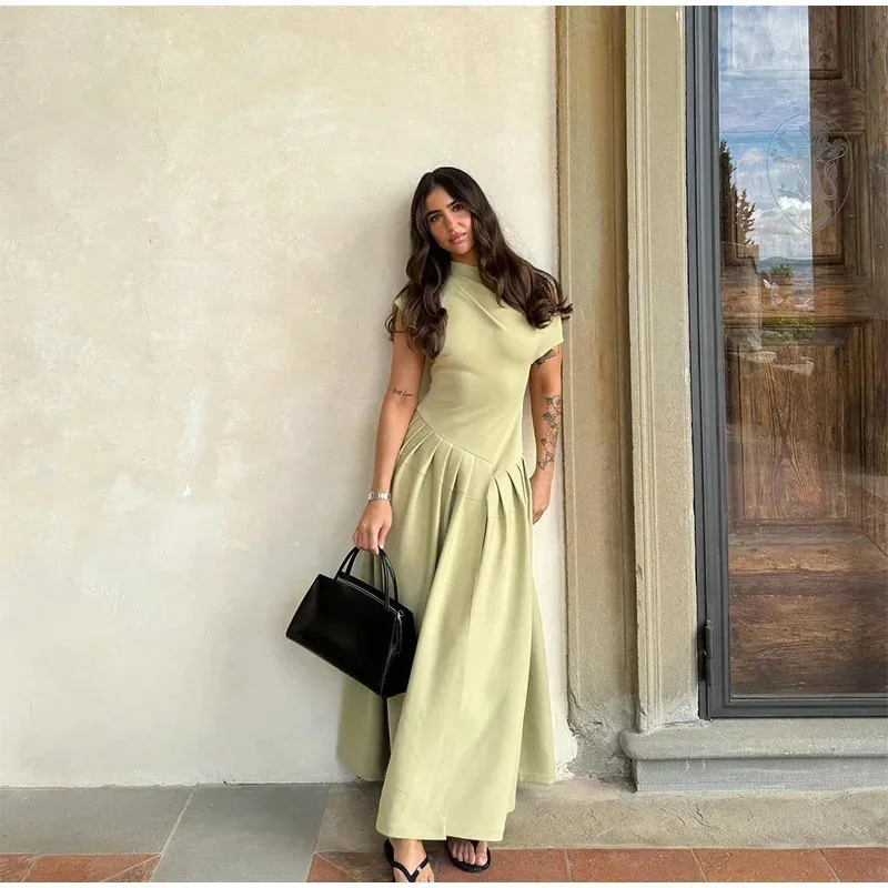 فستان ماكسي أنيق للسيدات لصيف 2025 موضة كتف مائلة وأكمام قصيرة مطوي على شكل حرف a رداء طويل للحفلات فساتين غير رسمية