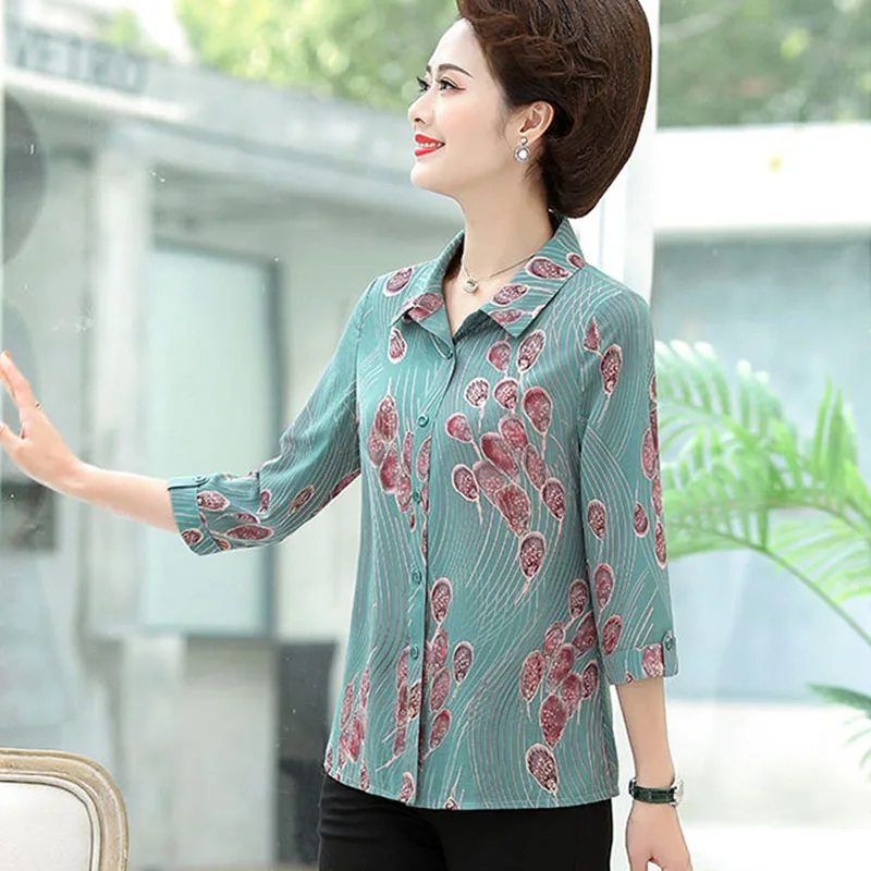 Spring And Summer Middle-aged And Elderly Loose Silk Satin Casual Shirt Women's Three-quarter Sleeve Printed Button Shirt Top6XL