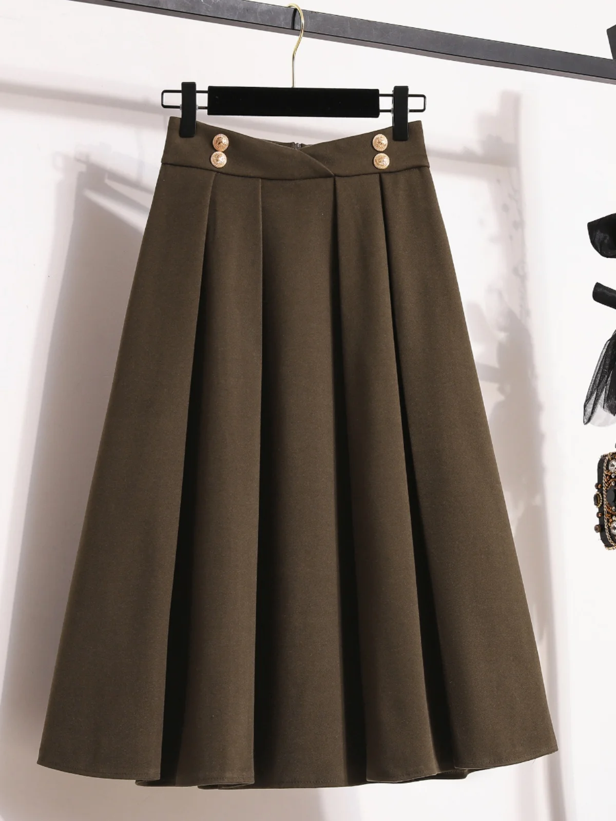 Fall Winter Women's Fashion Pleated Midi Skirt plus Size High Waist Metal Buckle Woolen A-Line Skirt Large Size Mid-Length Skirt