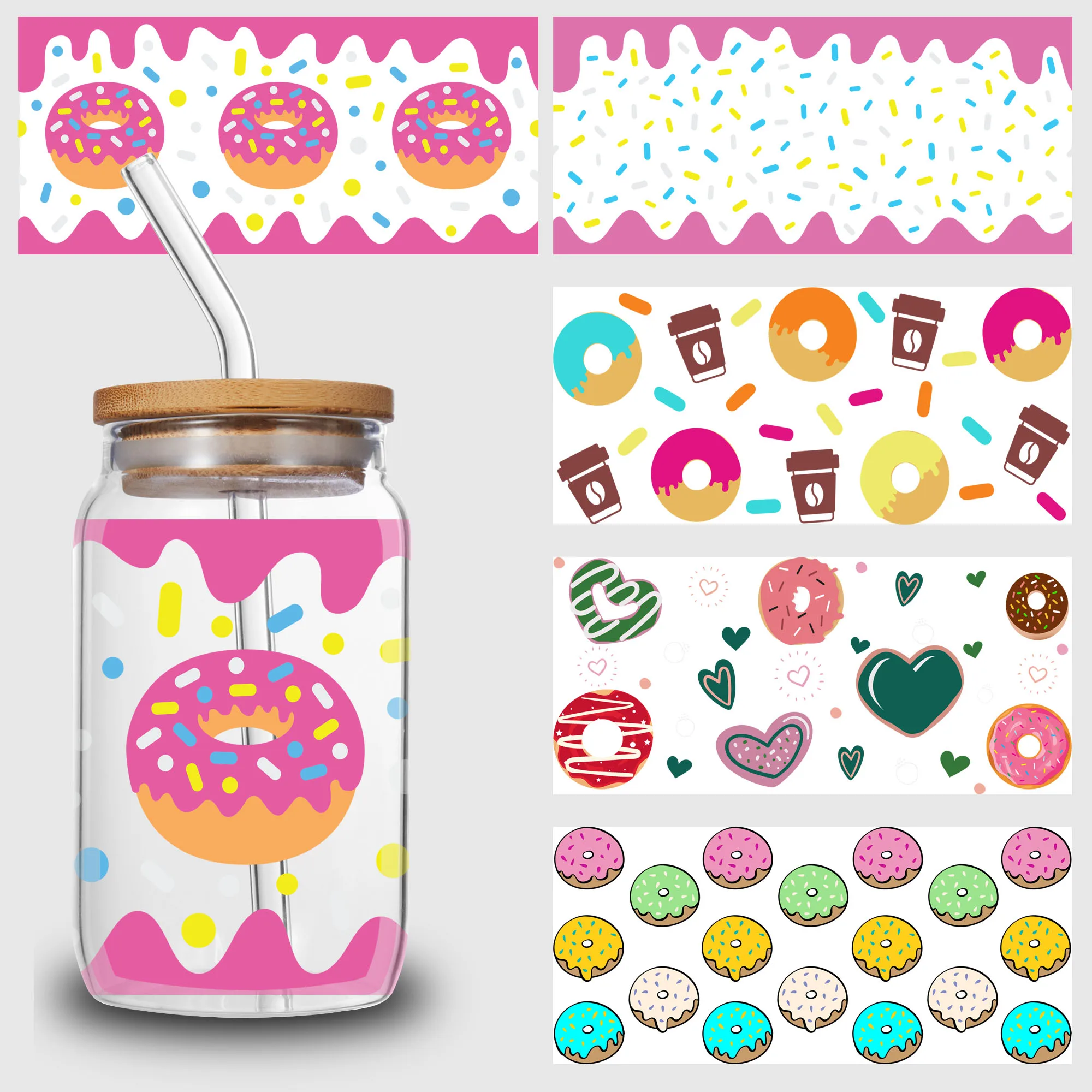 

5 Sheets Donut Text UV DTF Cup Stickers, Glass Sports DTF Transfer Stickers, Waterproof Wipe Transfer Paper for 16 oz Glass, Mug