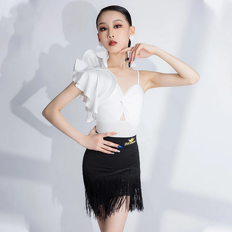 

Kids Performance Dancing Dresses Girls Latin Dance Costume White Ruffled Top Tassels Skirt Latin Dance Competition Wear SL8863