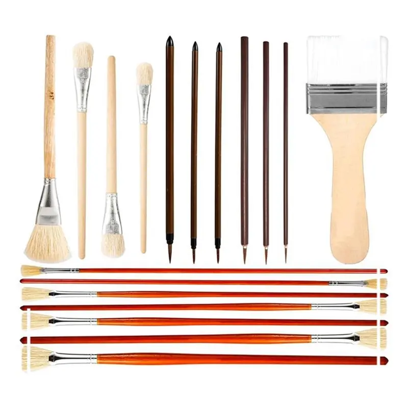 Reliable-For Acrylic Oil Painting Pottery Glaze Brushes- 18Pcs Wood Long Handle Artist Fan Paint Brushes Set,For Acrylic Oil Pai