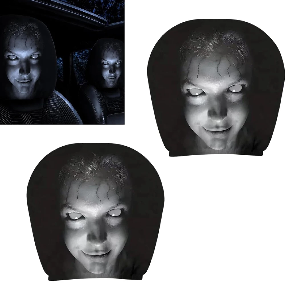 2PCS Monster Face Car Headrest Covers, Breathable Stretchy Washable Protector with Scary Print, Universal Fit for Car SUV Truck