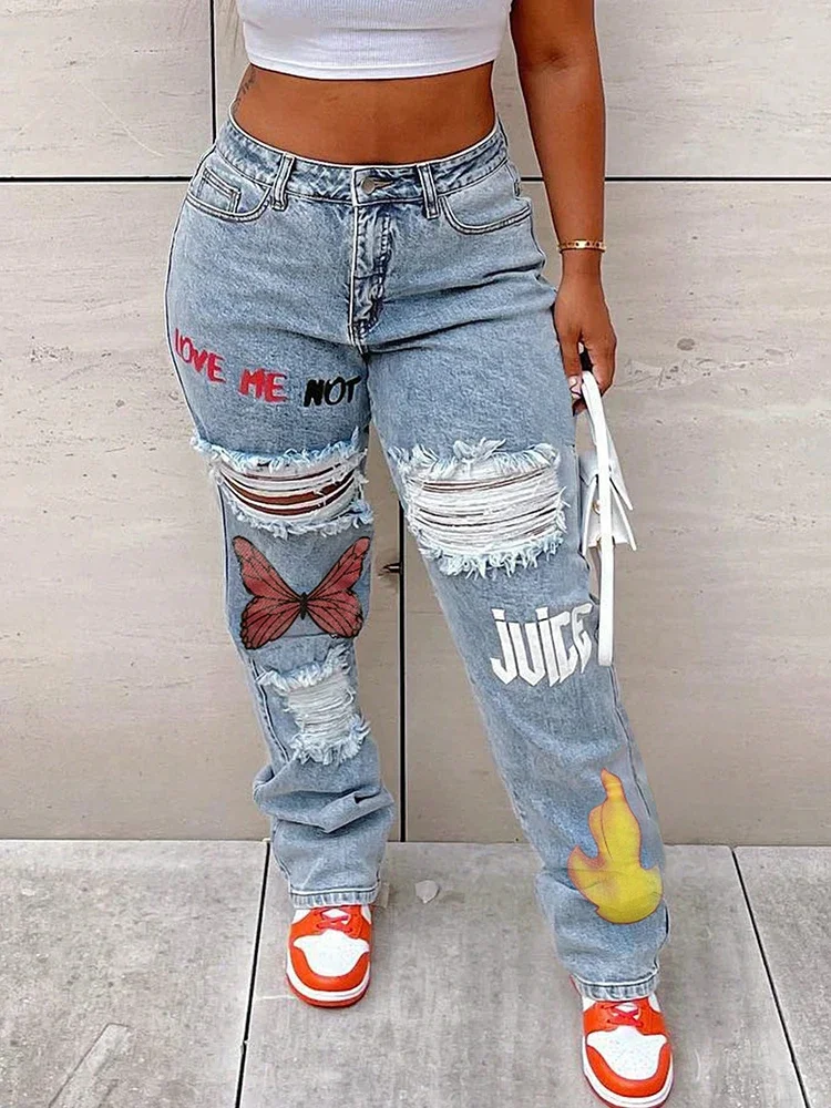 

New Design Women Clothing Denim Pants Butterfly Print Ripped Straight Trousers High Waist Slim Jeans Long Pants YYZZ9260