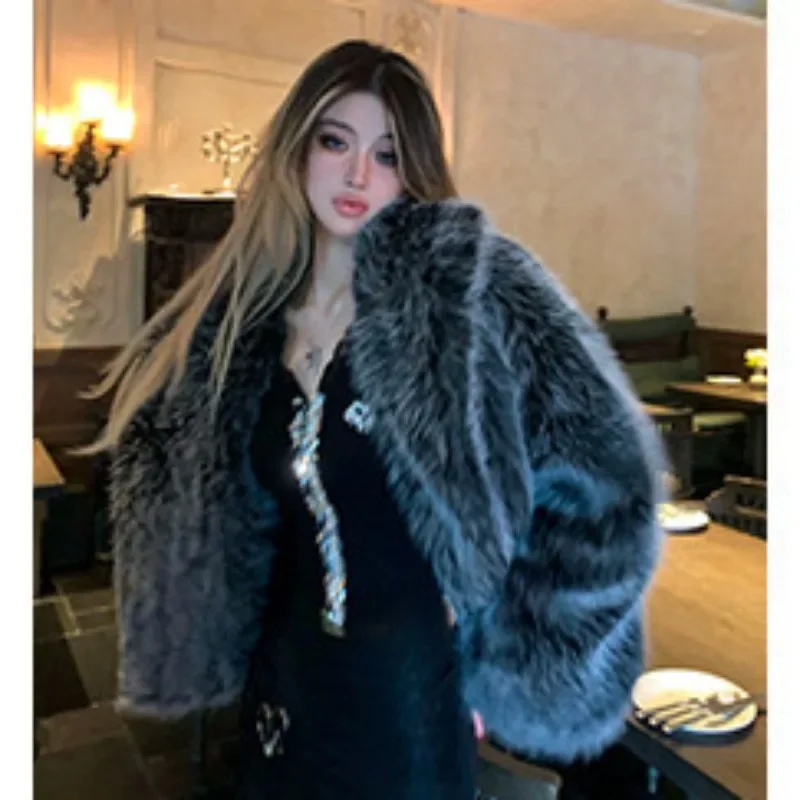 

Fashion Warmth Women Fall Winter Fluffy Luxury Brand Silver Fox Color Fox Fur Coat Lapel Street Style Eco-friendly Fake Fur