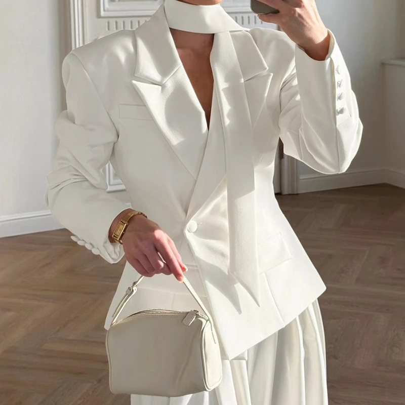 

New Fashion Suit Jacket Female Patchwork V-Neck Lace-Up Commute Long Sleeve Autumn 2025 Coat for Women Bandage Elegant Blazer