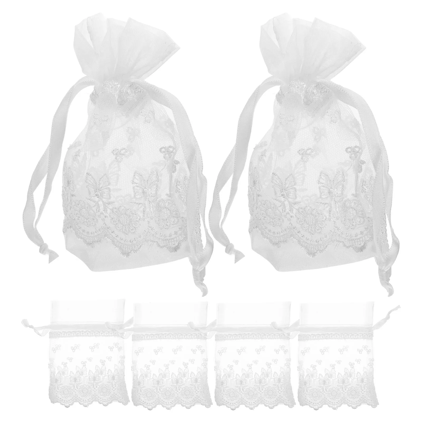 

6Pcs Butterfly Embroidered White Mesh Drawstring Bags Small Jewelry Pouch Organizer for Rings Earrings Necklaces Wedding