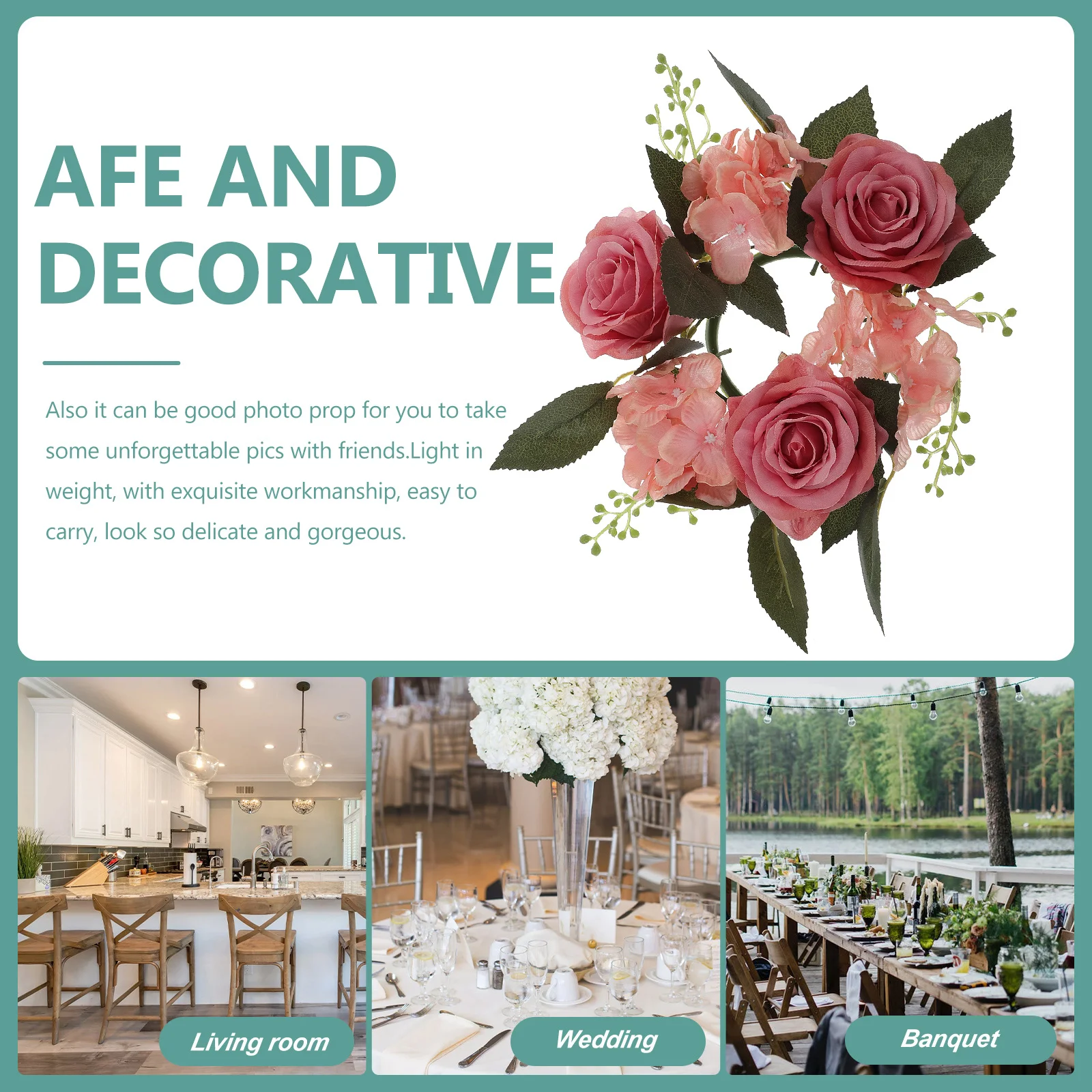 

1pc Simulated Rose Wreath Lightweight Flower Centerpiece For Table Decor Diy Craft Party Home Decoration Rings