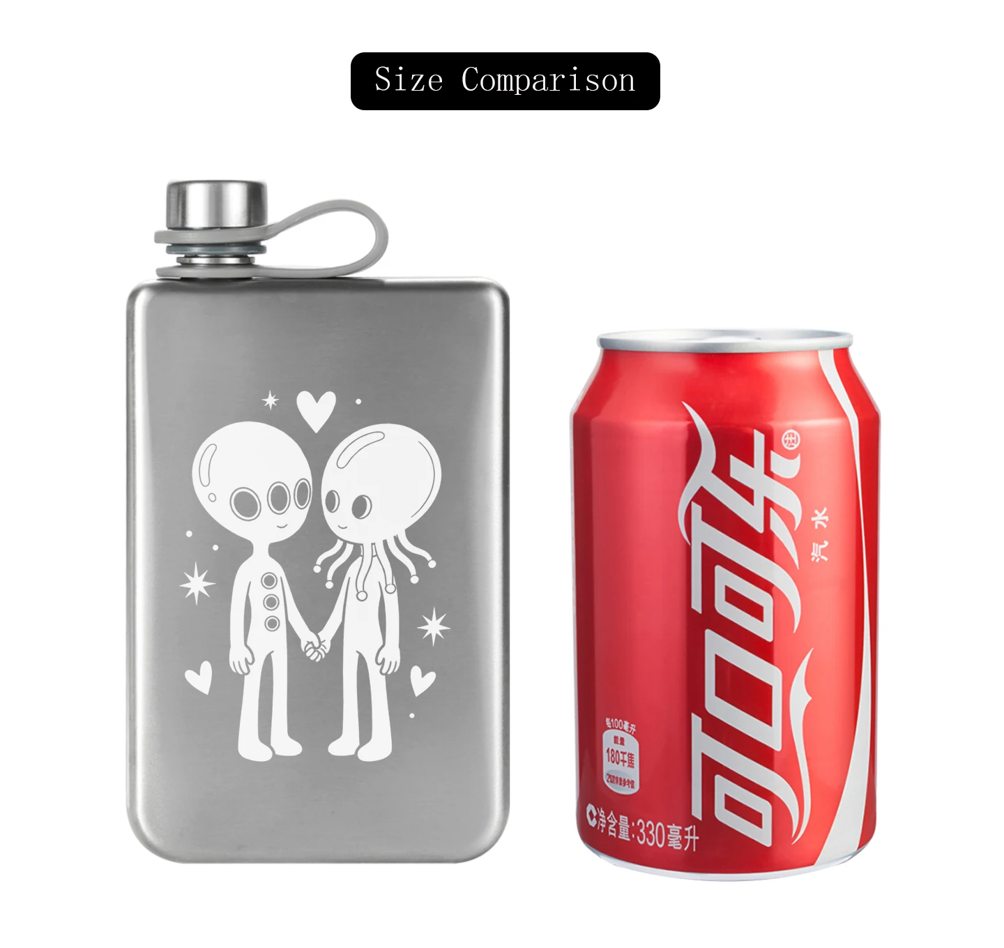 9oz 226ml 304 Edelstahl-Hüftflasche „Alien Couple“ Rechteckige Wasserflasche Schwarz & Grün Tragbare Spirituosenflasche mit kostenlosem Trichter – Detail 3