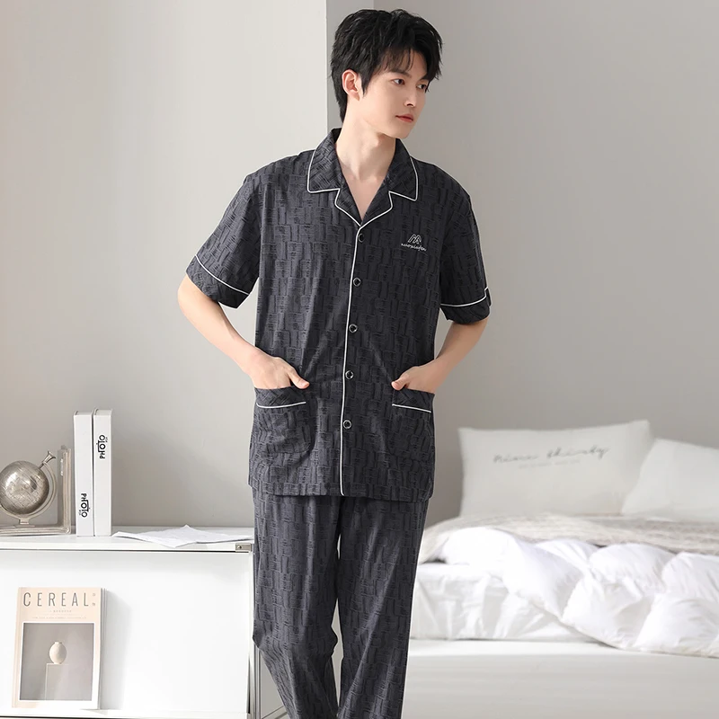 

Big Size M-4XL Summer Men 100% Cotton Short Sleeve Pajamas Set Male Turn-down Collar Sleepwear