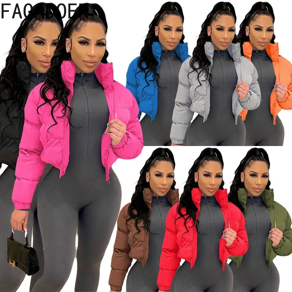 

FAGADOER Autumn New Fashion Warm Cotton Jacket Women Solid Color Long Sleeves Puffer Crop Jacket Female Streetwear Clothing 2025