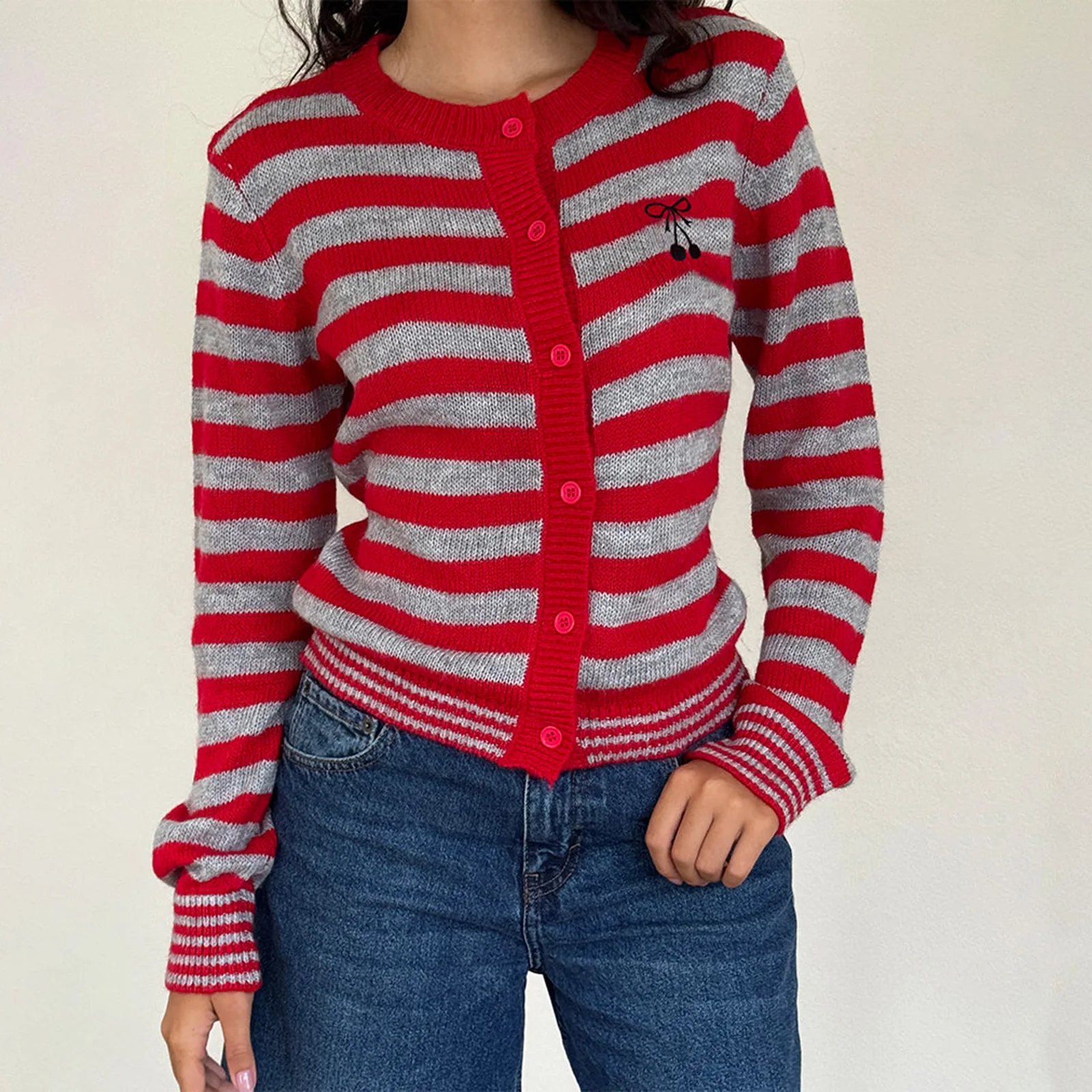 

Women's Autumn Winter Sweater Cardigan Long Sleeve O Neck Button Up Cherry Embroidery Striped Knitwear