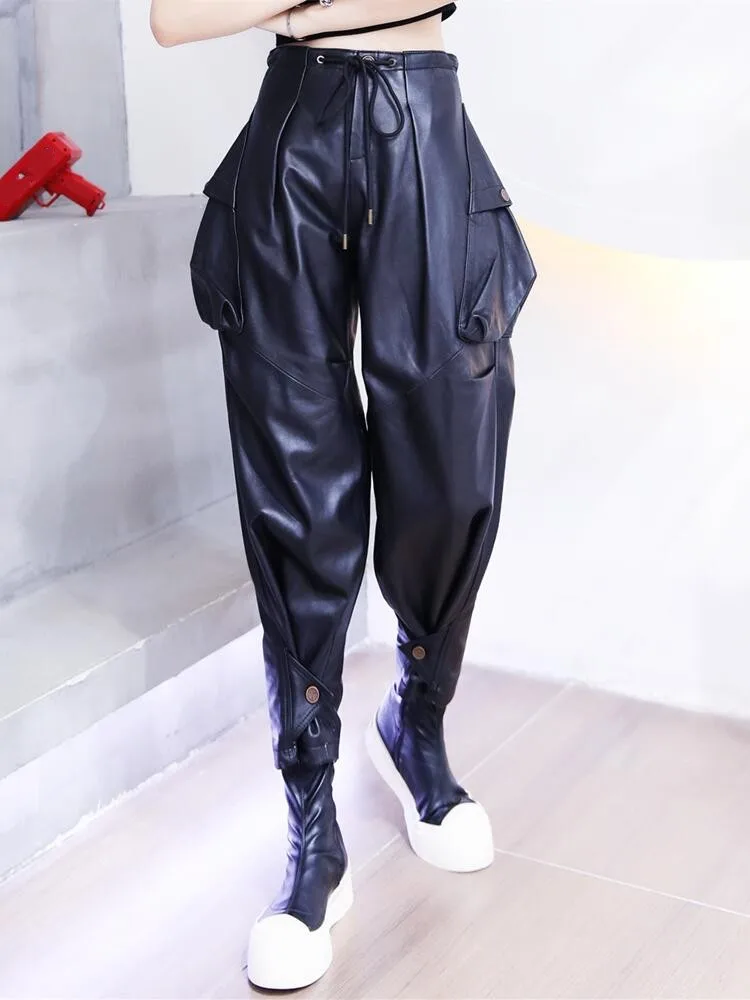 New Fashion Women Adjustable Bottom Boot Cut Trousers Loose Fit Wide Leg Pants Casual Streetwear Sheepskin Genuine Leather Pants