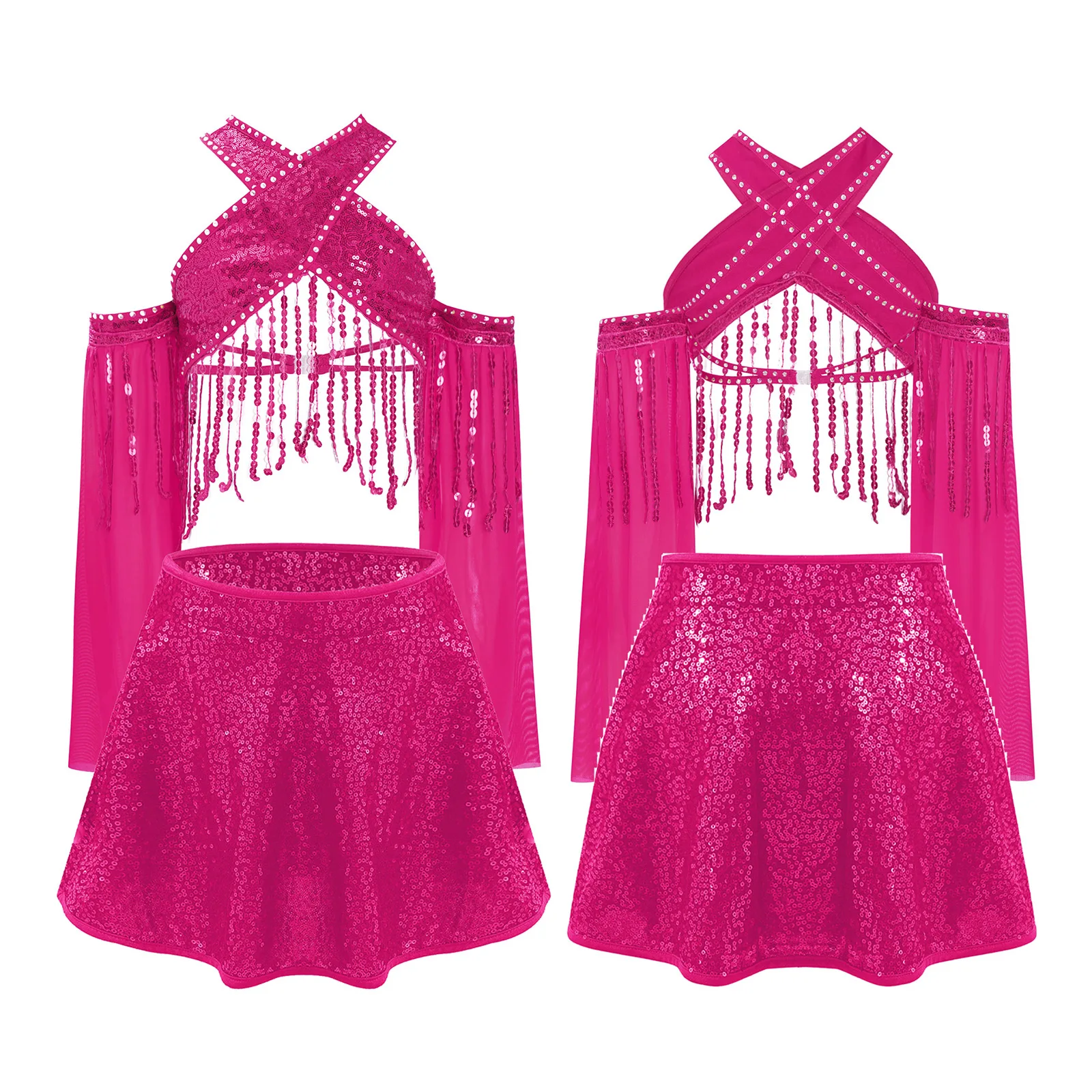 Girls Jazz Dance Stage Performance Costume Sheer Mesh Flared Sleeves Sparkling Sequin Tassels Cross Crop Top with Sequined Skirt
