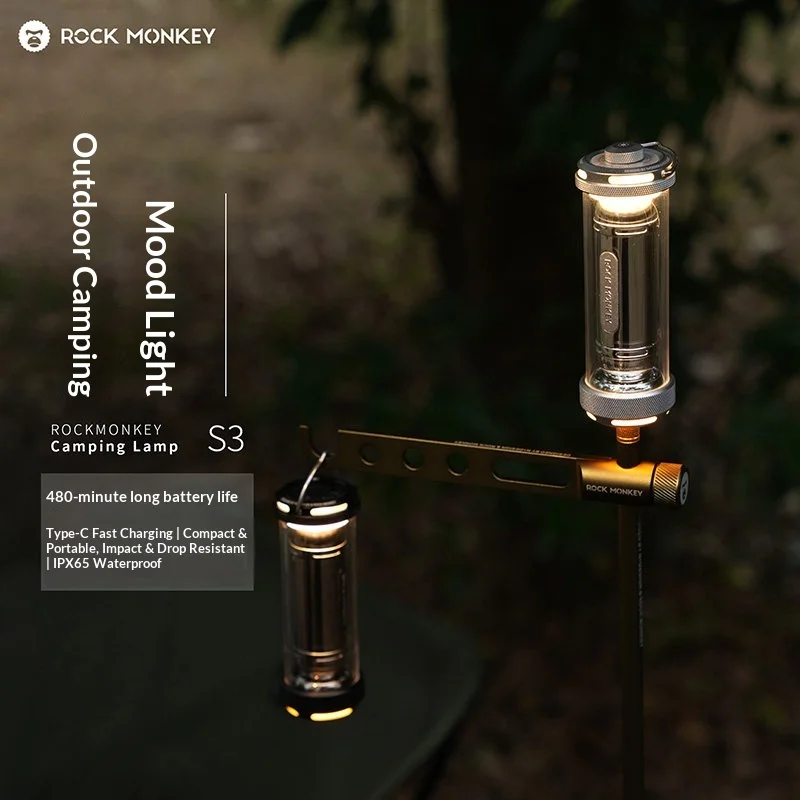 

ROCKMONKEY S3 Капсула для кемпинга, мини-3 режима освещения, 200 лм, IP54, водонепроницаемая портативная уличная лампа из алюминиевого сплава, 3000 мАч