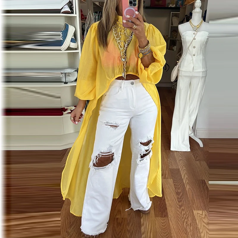 

Fashion O-neck Puff Long Sleeved Women's Top Macaron Color Loose Hem Blouses Spring Summer Thin Perspective Irregular Pullover