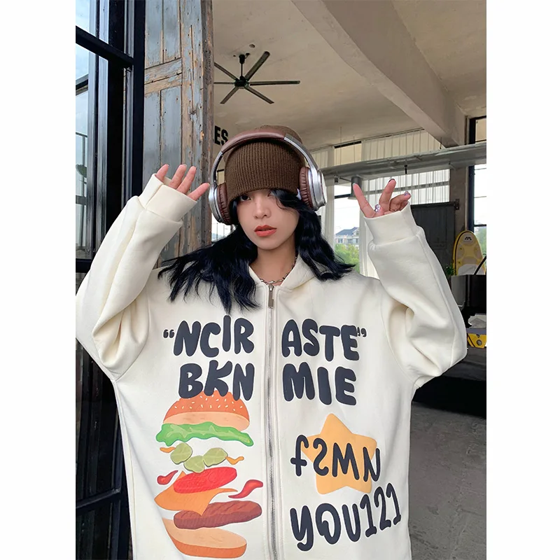 

NIDEBLA Women's Street Sle Casual Loose Fit Hoodie Cartoon Letter Print Streetwear Versatile Long Sve Hooded Jaet