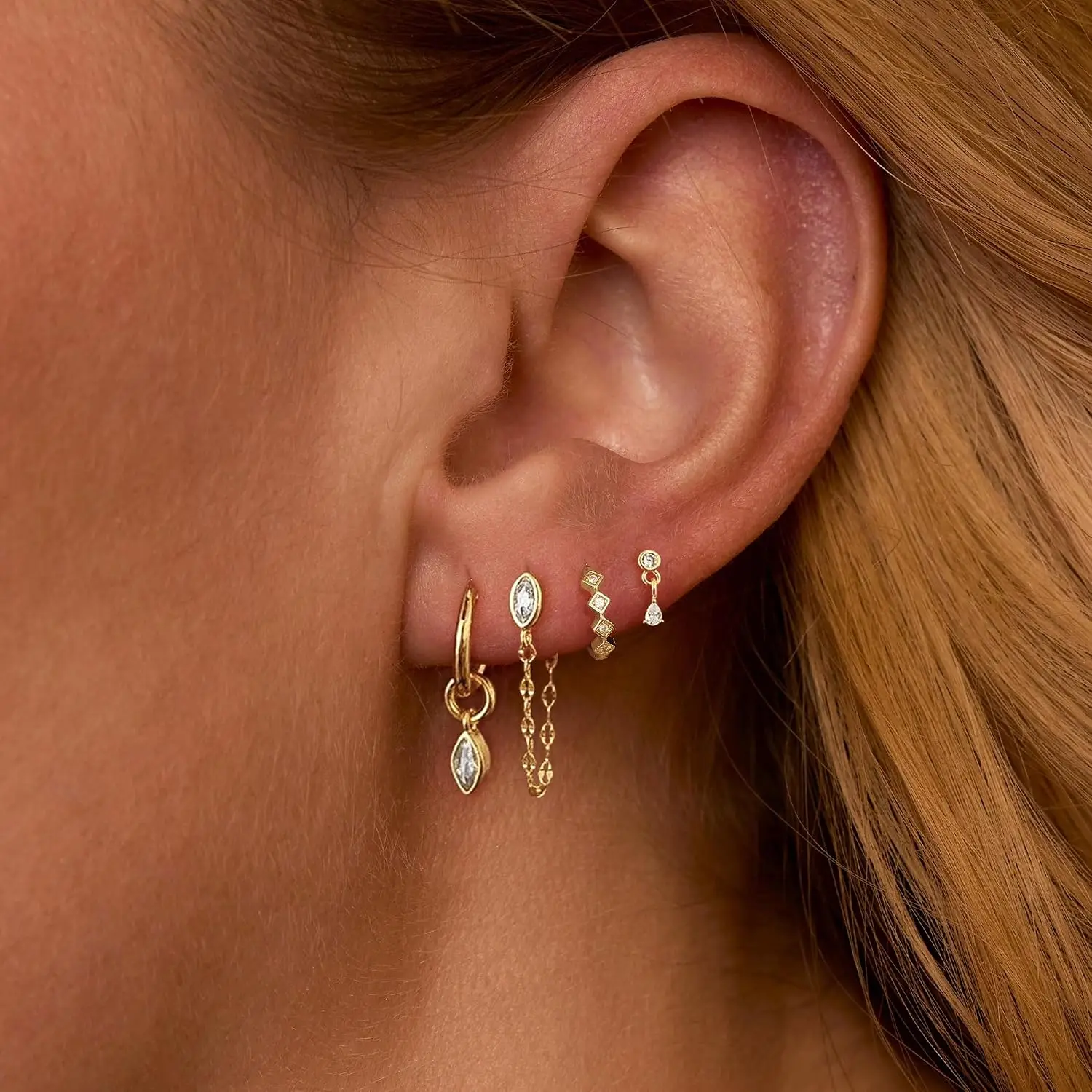 4-teiliges Ohrring-Set für Damen, Zierliche 14k Vergoldete Ketten-Ohrringe, Hypoallergene Huggie-Creolen, Hängende Tropfen-Ohrringe – Detail 5