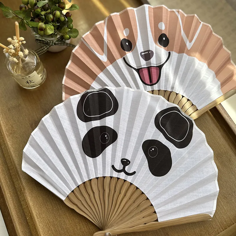 Cartoon Animal Face Folding Fan Corgi Panda Pattern Portable Mini Summer Cooling Daily Fan for Women Lightweight Chinese Gift