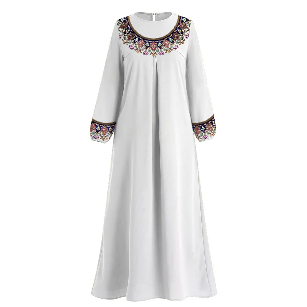 Muslim Islamic Abaya Women Long Sleeve National style Print Abaya O-neck Muslim Dress Dubai Turkey 2024 Arabia Robe Vestidos