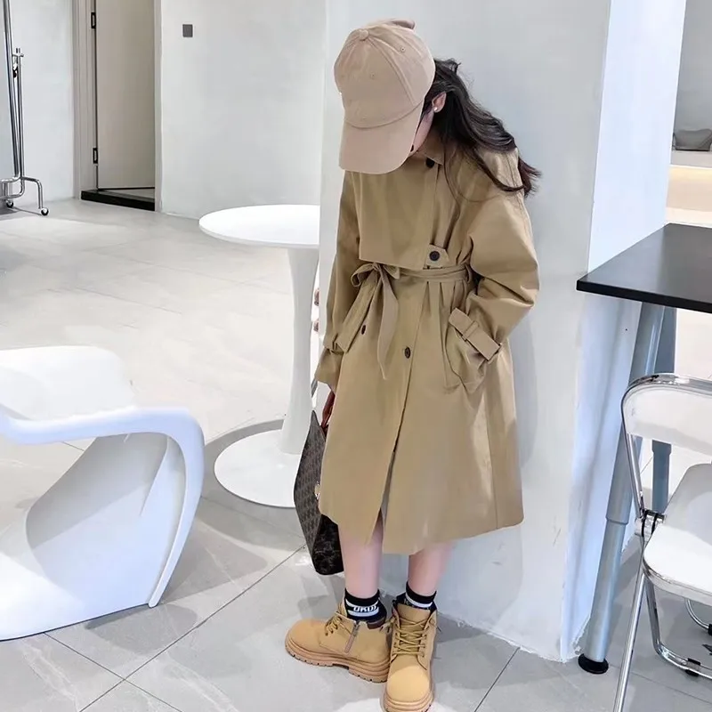 

120-170CM Girl Trench Coat Spring and Autumn Children's British style Lace Up Mid Length Jacket