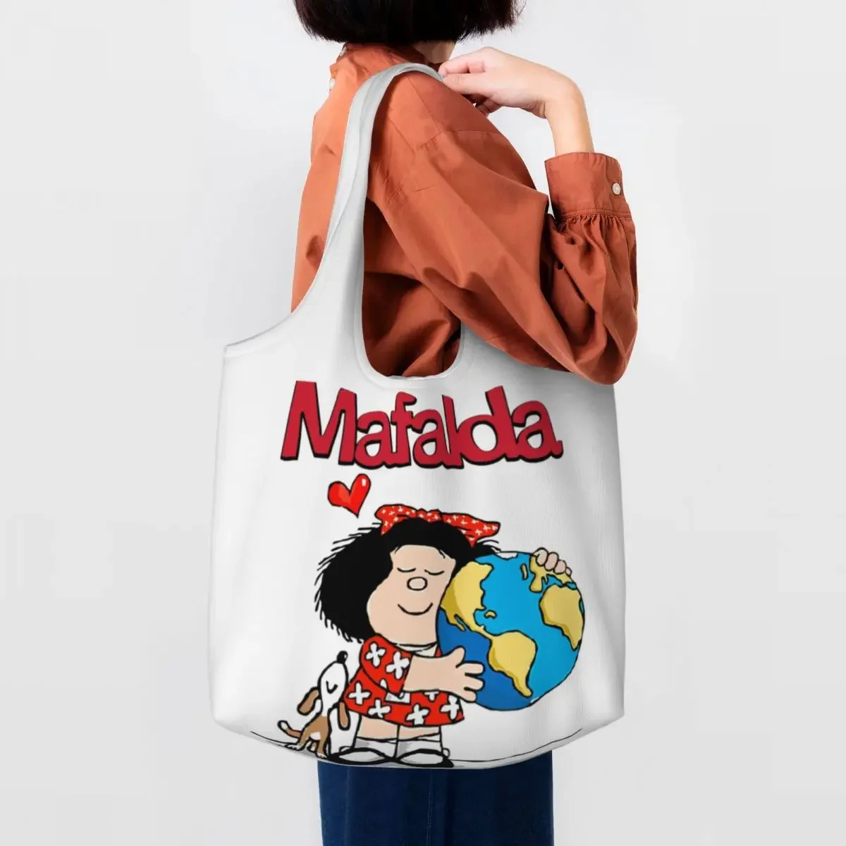 

Custom Mafalda World And Her Puppy Grocery Shopping Bags Canvas Shopper Shoulder Tote Bags Capacity Durable Quino Comic Handbag