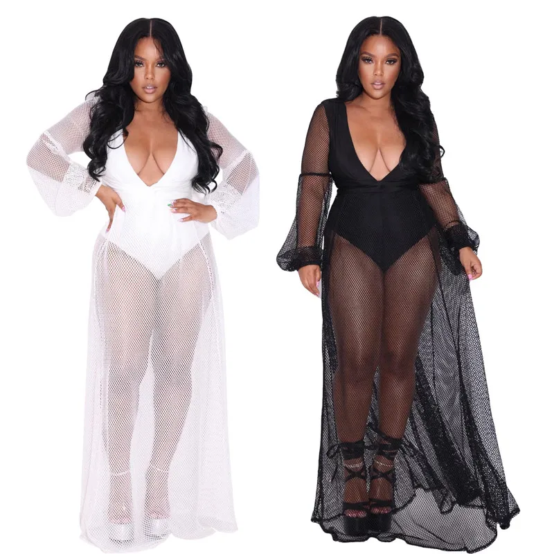 Sexy Mesh Sheer Beach Bodycon Jumpsuit Womens Summer One Piece Outfits Long Sleeve V-neck Backless Romper Midnight Club Overall