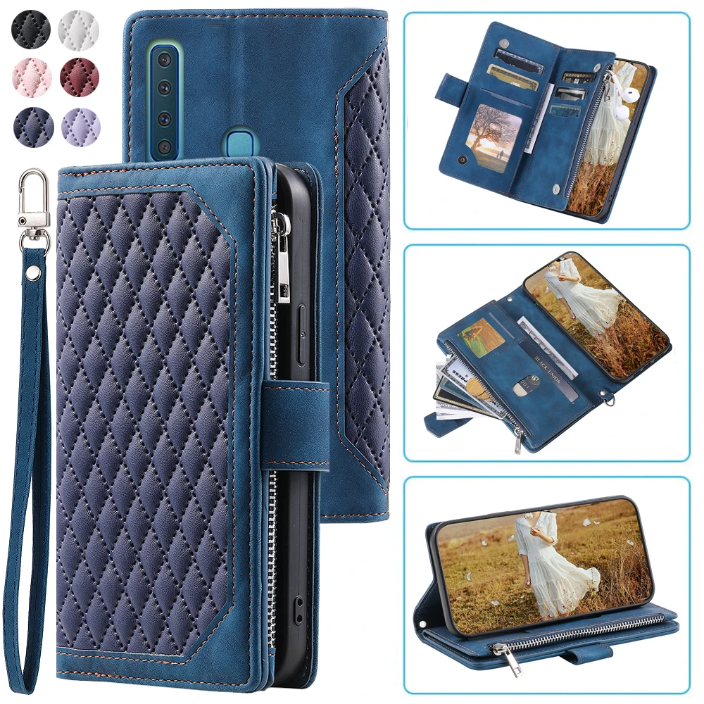 Fashion Zipper Wallet Case For Samsung A9 Star Pro Flip Cover Multi Card Slots Cover Phone Case Card Slot Folio with Wrist Strap