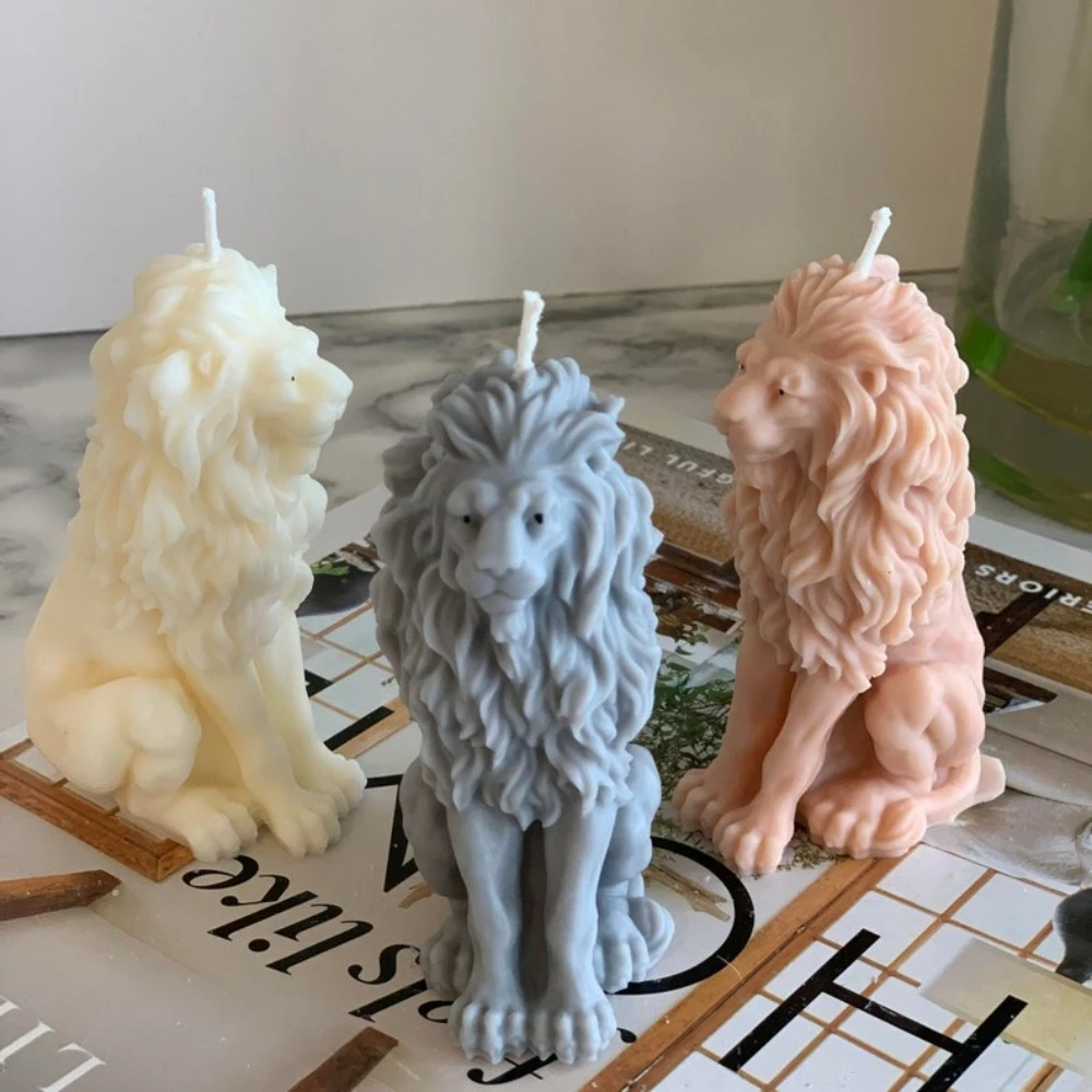 Molde de silicona con vela perfumada del Rey León 3D, molde de resina con forma de Animal para sentarse, herramienta de fabricación de yeso de León de peluche medio, decoración del hogar