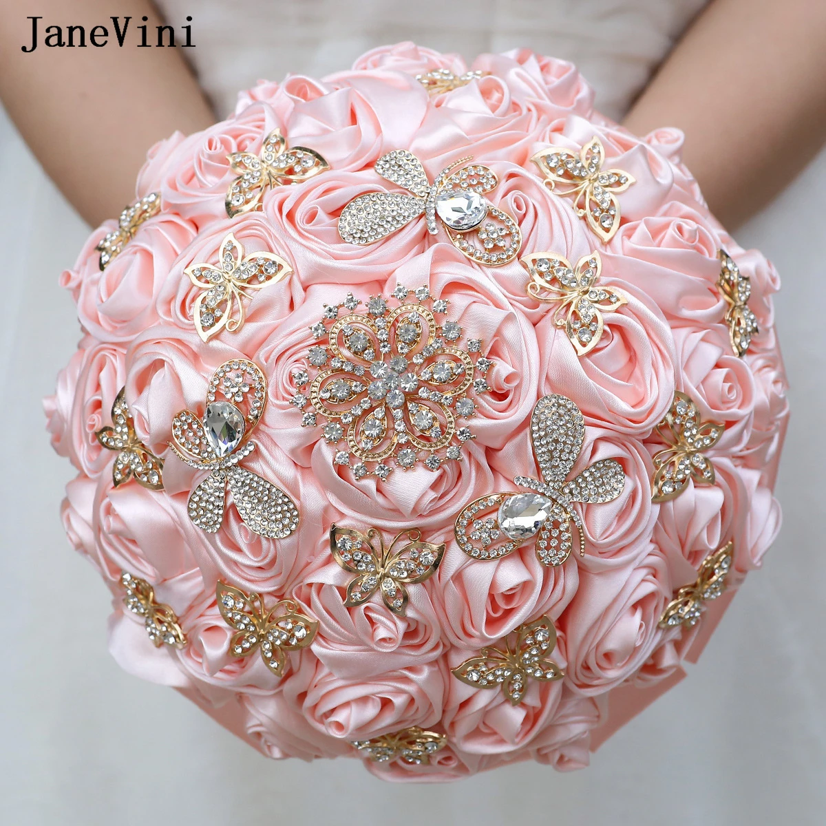 JaneVini Sparkly Rhinestones Jewelry Bridal Brooch Bouquets Artificial Satin Roses Bride Fake Flower Bouquet Wedding Accessories