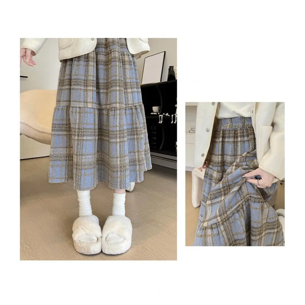 Soft Breathable Skirt Elegant High-waisted Plaid Woolen Skirt with Ruffle Detailing Women's A-line Winter Skirt for Daily Wear