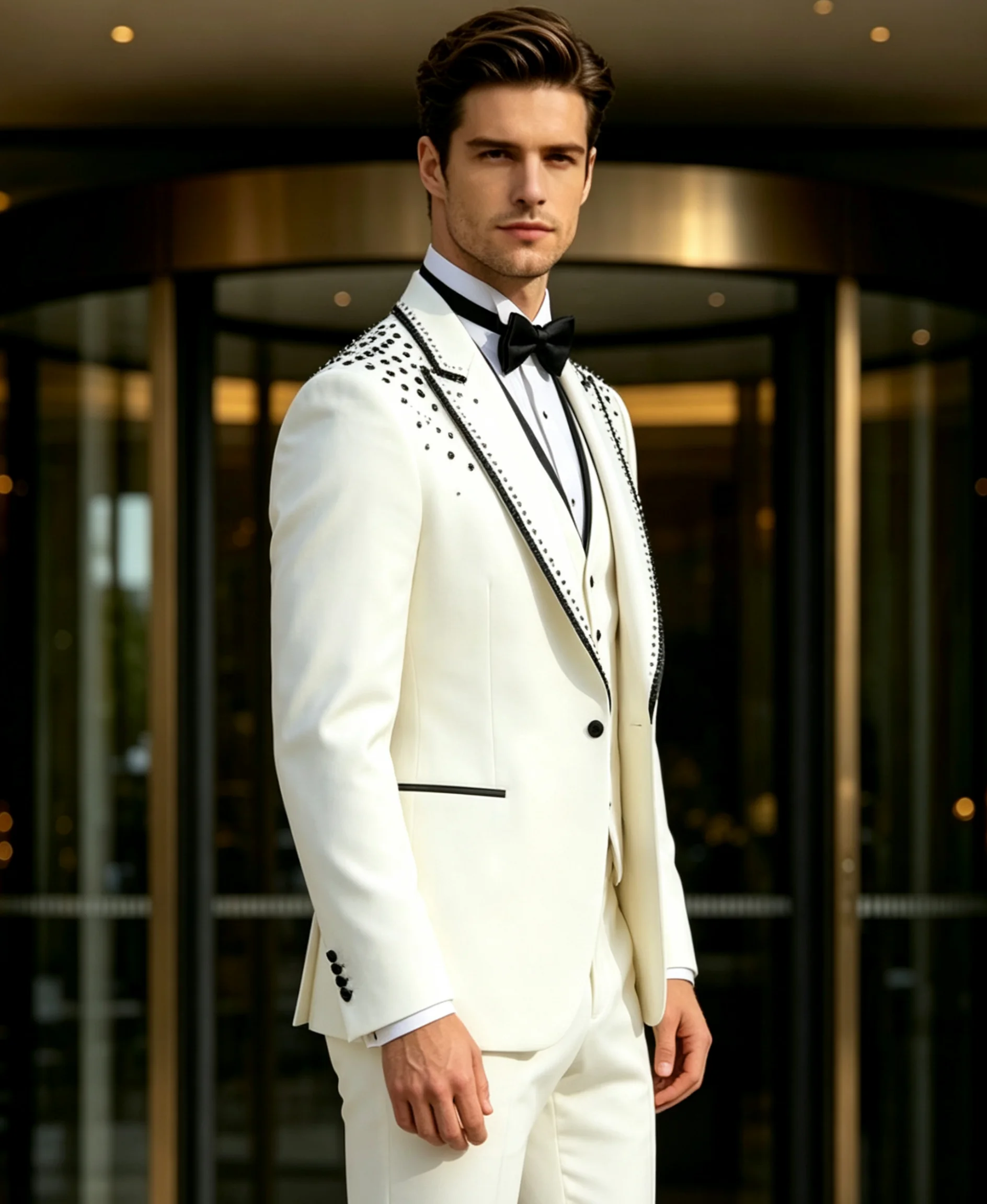 Customized Luxury Men Suit Beaded Crystal Peaked Lapel One Button Groom Wedding Wear 3 Piece Customized Formal Party Set