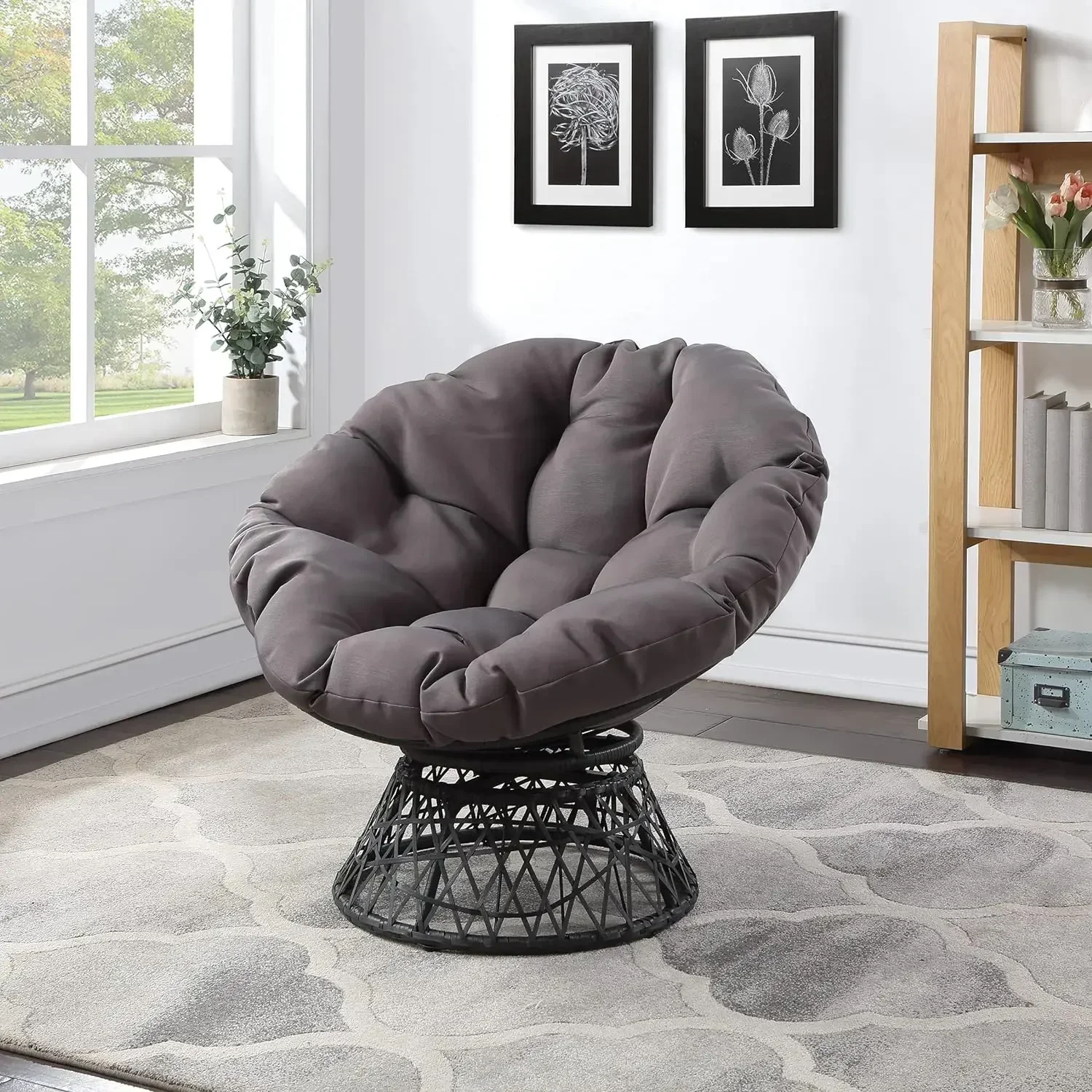 Home Furnishings Wicker Papasan Chair with 360-Degree Swivel, Grey Frame with Grey Cushion