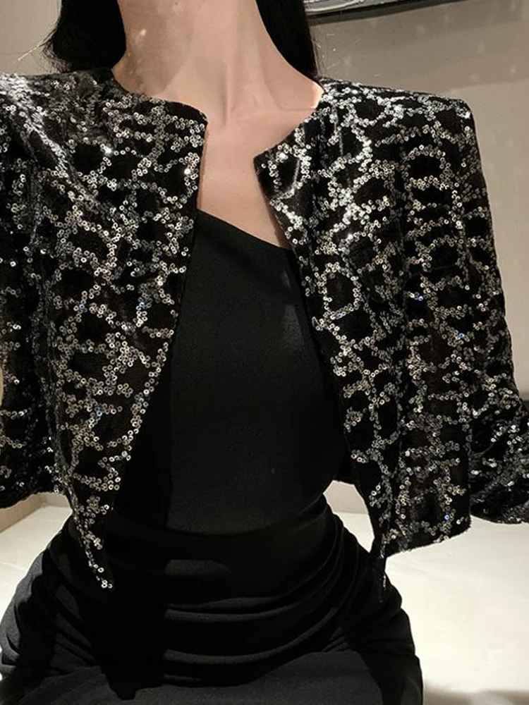 Club Velvet Sequined Cropped jacket blazer Spring autumn Fashion O-neck long sleeve coat 2024 New Lady clothing INKEO 3O383