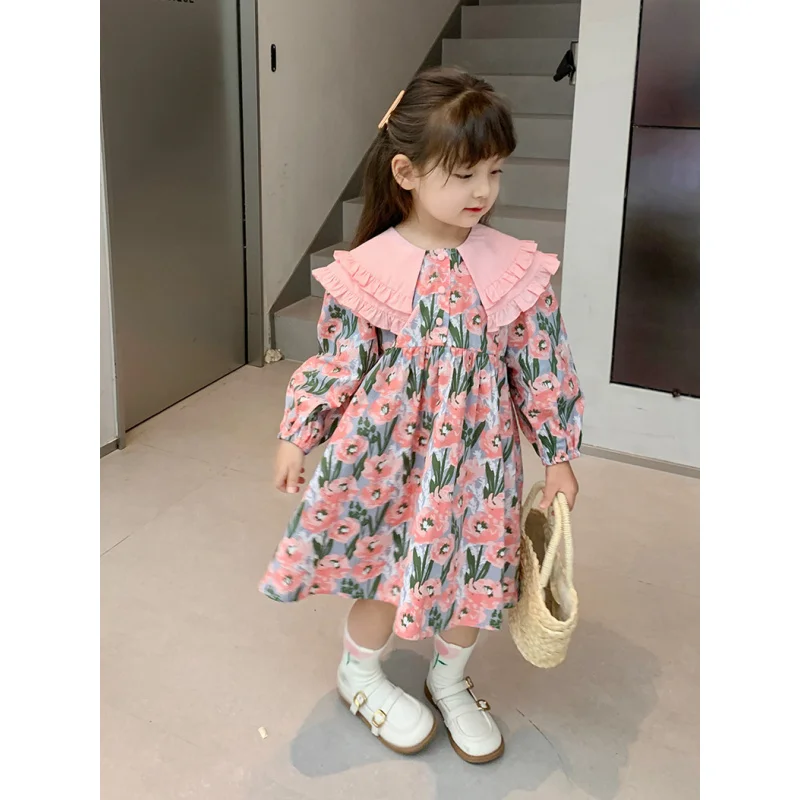 

2024Spring New Girls' Dress Long-Sleeved Double-Layer Collar Printing Children Spring and Autumn Fashionable Princess Dress Gene