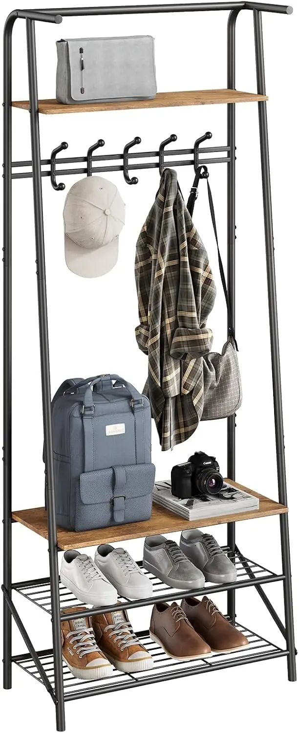 

Многофункциональная вешалка-стойка 4-в-1 для прихожей с 5 крючками и 4-уровневой полкой, металлический каркас под дерево, органайзер для прихожей