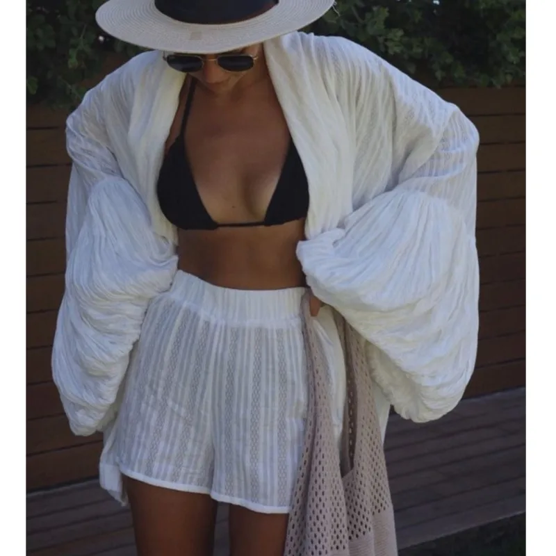 

Women 2026 Summer Casual Fashion Sets Loose Long Sleeve Tops+shorts Cotton Lantern Sleeve Cardigan And Elastic Wiast Shorts Set