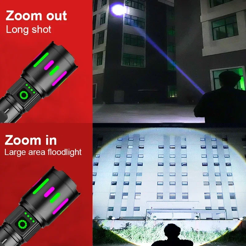 Powerful LED Flashlight USB C Rechargeable Torch Zoomable Camping Lantern Long Shot Outdoor Fluorescent Absorbing Film Spotlight