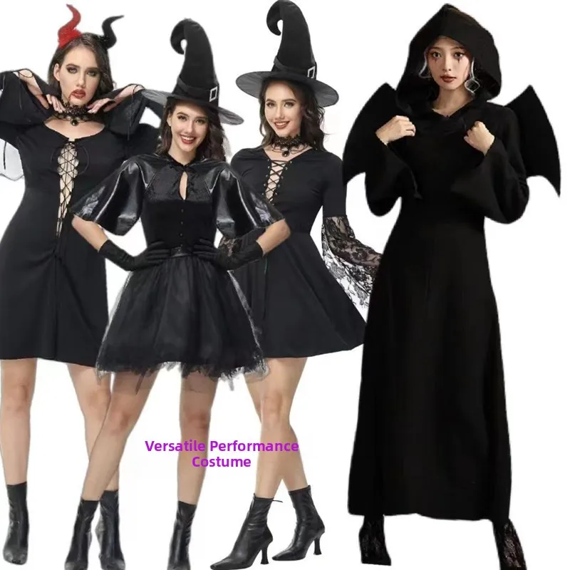 

New Halloween Women's Costume Black Witch Devil Outfit Bat COS Play Witch Short Robe Female Demon Suit Party Wear
